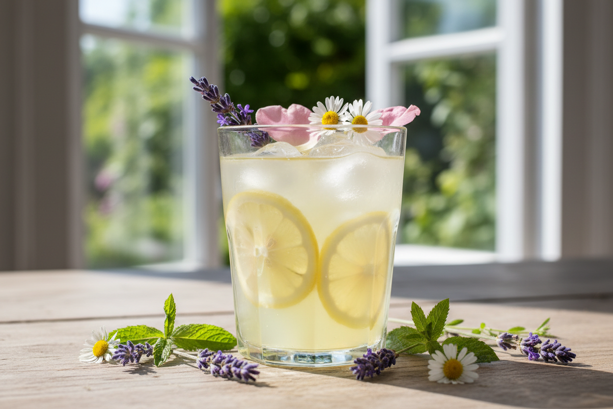 fresh lemonade with flowers, no brands, and not in big glass
