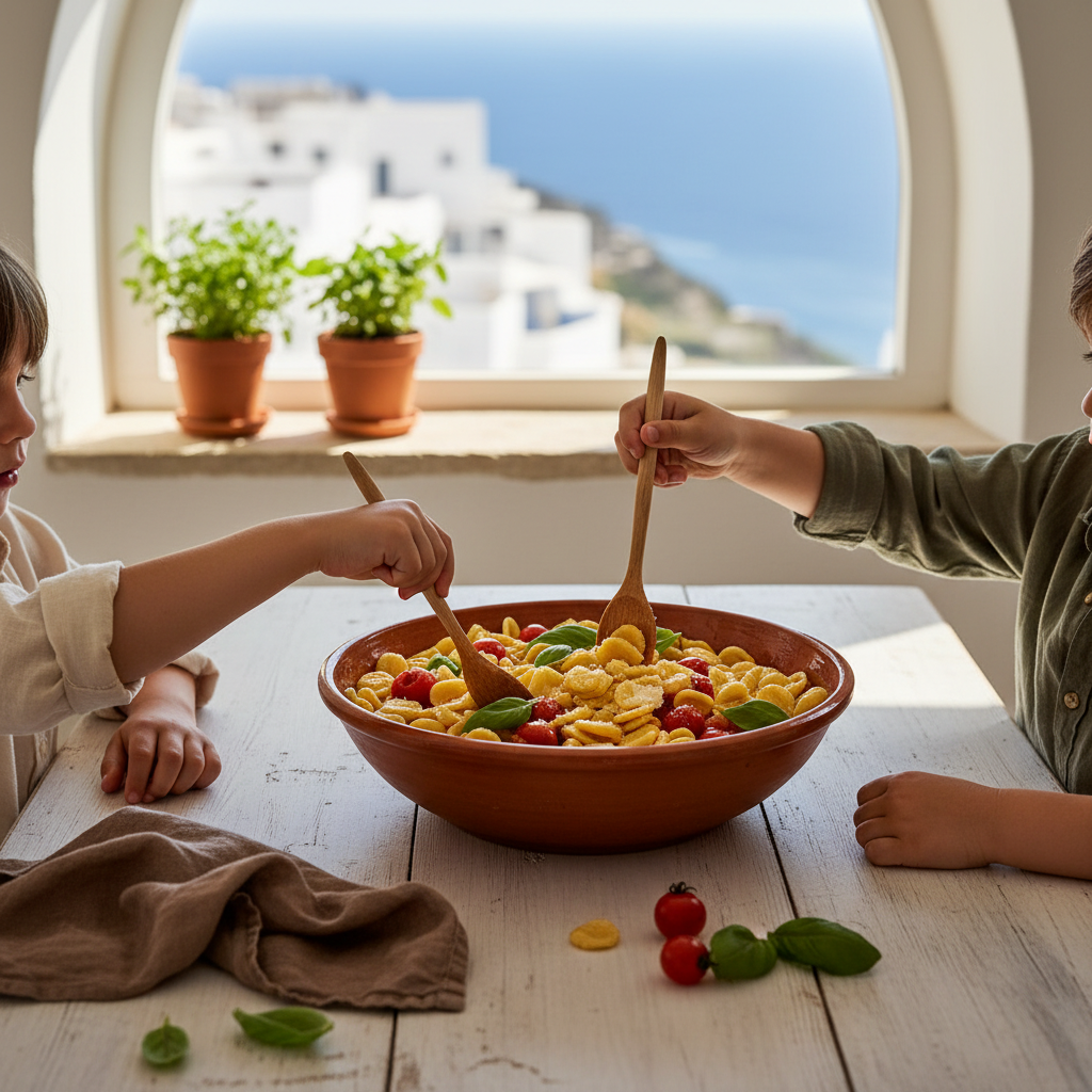 Kids eating pasta no faces visible