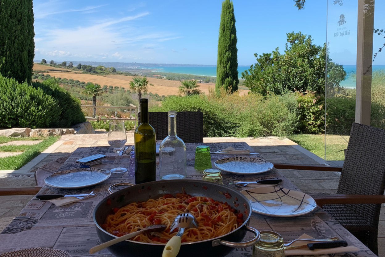 Pasta scene - plain wine bottles