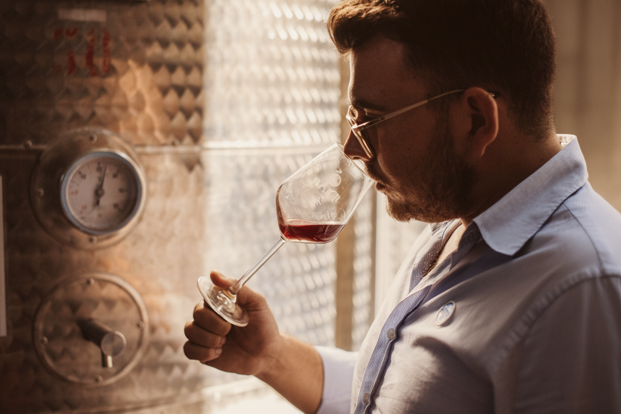 Wine professional tasting with warm Mediterranean tones